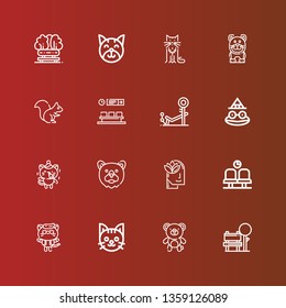Editable 16 sitting icons for web and mobile. Set of sitting included icons line Bench, Bear, Cat, Kitty, Waiting room, Relax, Toad, Squirrel on red