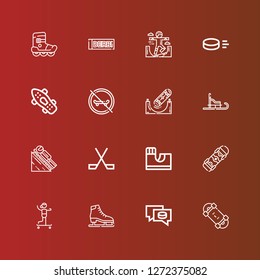 Editable 16 skating icons for web and mobile. Set of skating included icons line Skateboard, Puck, Ice skate, Skateboarding, Skate park, Ice hockey, Luge, Derbi, Roller skate on red