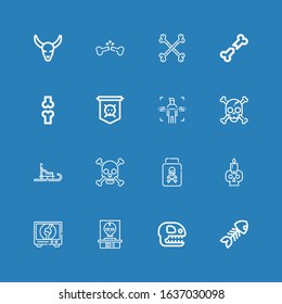 Editable 16 skeleton icons for web and mobile. Set of skeleton included icons line Fish bone, Fossil, Skull, Orthopedic, Poison, Luge, Body, Jolly roger, Bone on blue background