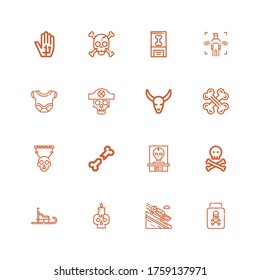 Editable 16 skeleton icons for web and mobile. Set of skeleton included icons line Poison, Luge, Skull, Bone, Bones, Bull skull, Body, Radiography on white background