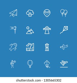 Editable 16 sky icons for web and mobile. Set of sky included icons line Take off, Kite, Hot air balloon, Lullaby, Airplane, Free fall, Cliff, Ufo, Mountain on blue background