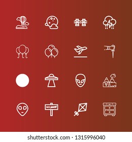 Editable 16 sky icons for web and mobile. Set of sky included icons line Night, Kite, War, Alien, Mountains, Ufo, Mountain, Sai, Take off, Balloons, Balloon, Storm, Brooklyn bridge on red