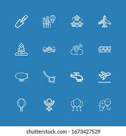 Editable 16 sky icons for web and mobile. Set of sky included icons line Balloons, Balloon, Pluto, Hot air balloon, Take off, Helicopter, Constellation, Zeppelin on blue background