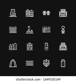 Editable 16 skyscraper icons for web and mobile. Set of skyscraper included icons line Building, Nantes, Gateway arch, Hotel, Cityscape, Brooklyn bridge, Skyscraper on black background