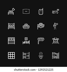 Editable 16 sleep icons for web and mobile. Set of sleep included icons line Bunk bed, Pacifier, Blanket, Hammocks, Eye mask, Medical bed, Bed, Lullaby, Bedroom on black background