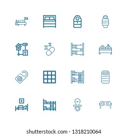 Editable 16 sleep icons for web and mobile. Set of sleep included icons line Eye mask, Pacifier, Bunk bed, Medical bed, Sleeping bag, Blanket, Door hanger on white background