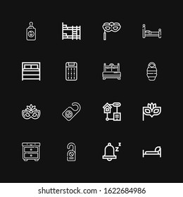 Editable 16 sleep icons for web and mobile. Set of sleep included icons line Bed, Snooze, Door hanger, Night, Eye mask, Smart home, Sleeping bag, Mattress on black background