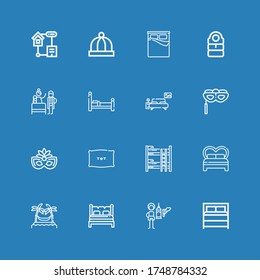 Editable 16 sleep icons for web and mobile. Set of sleep included icons line Bed, Feeder, Hammocks, Bunk bed, Pillow, Eye mask, Bedroom, Birth, Sleeping bag on blue background