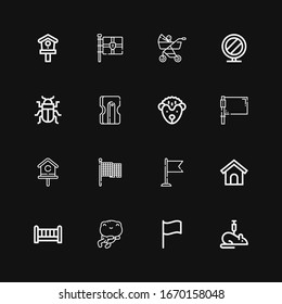 Editable 16 small icons for web and mobile. Set of small included icons line Rat, Flag, Frog, Crib, Dog house, Birdhouse, Hedgehog, Sharpener, Beetle, Mirror on black background