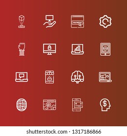 Editable 16 smart icons for web and mobile. Set of smart included icons line Mind, Payment method, Settings, Brain, Laptop, Artificial intelligence, Mobile, Tablet, Monitor on red