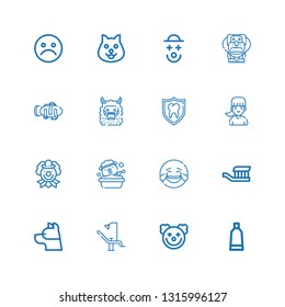 Editable 16 smile icons for web and mobile. Set of smile included icons line Tooth paste, Clown, Dentist chair, Dog, Toothbrush, Laughing, Girl, Tooth, Monster on white background