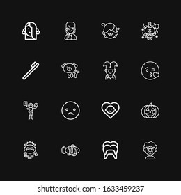 Editable 16 smile icons for web and mobile. Set of smile included icons line Clown, Dental, Clown fish, Kitty, Pumpkin, Baby, Sad, Acting, Kiss, Jester, Dog on black background