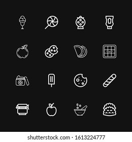 Editable 16 snack icons for web and mobile. Set of snack included icons line Tacos, Bowl, Apple, Jar, Stick candy, Cookie, Ice cream, Cream, Waffle, Pastry on black background