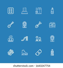 Editable 16 snow icons for web and mobile. Set of snow included icons line Skier, Goggles, Ice skate, Skii, Eskimo, Park, Toboggan, Forest, Arctic, Shovel, Water on blue background