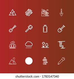 Editable 16 snow icons for web and mobile. Set of snow included icons line Blower, Skier, Shovel, Mountains, Chairlift, Park, Snow, Forest, Water, Luge, Skii on red