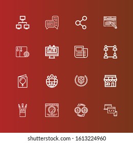 Editable 16 social icons for web and mobile. Set of social included icons line Devices, Conversion, Post, Set, Market, Emblem, Leader, Card, Network, News, Web design, Cards on red