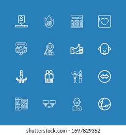 Editable 16 social icons for web and mobile. Set of social included icons line Network, Man, Responsive, Team viewer, Discussion, Hugging, Pixel, Avatar, Like on blue background