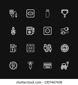 Editable 16 socket icons for web and mobile. Set of socket included icons line Electric, Vga, Hdmi port, Electricity, Usb, Socket, Charger, Usb cable, Voltmeter on black background