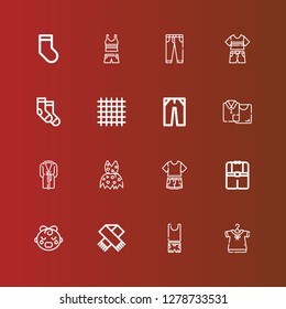 Editable 16 socks icons for web and mobile. Set of socks included icons line Clothing, Clothes, Scarf, Baby girl, Bathrobe, Jeans, Cloth, Socks on red