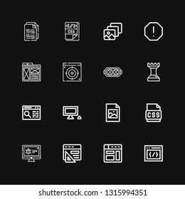 Editable 16 software icons for web and mobile. Set of software included icons line Css, Browser, Malware, Jpeg, Personal computer, Strategy, Augmented reality on black background