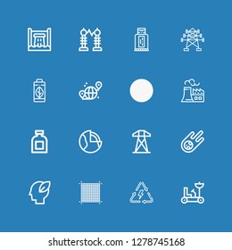 Editable 16 solar icons for web and mobile. Set of solar included icons line Moon rover, Energy, Grid, Ecology, Meteorite, Electric tower, Geothermal, Conserve on blue background