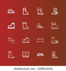 Editable 16 sole icons for web and mobile. Set of sole included icons line Boot, Step, Tracing, Footprint, Boots on red