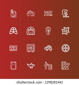 Editable 16 solid icons for web and mobile. Set of solid included icons line Brick wall, Safety box, Magic lamp, Jam, Terra, Turtle, Safe deposit, Tortoise, Bathrobe, Nun on red