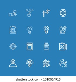 Editable 16 solution icons for web and mobile. Set of solution included icons line Employee, Goal, Light, Strategy, Matches, Match, Target, Lightbulb, Brainstorm on blue background
