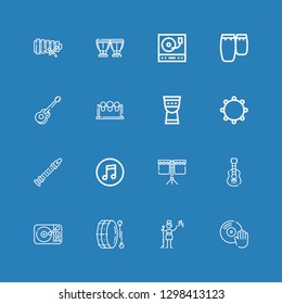 Editable 16 song icons for web and mobile. Set of song included icons line Vinyl, Pop singer, Drum, Turntable, Acoustic guitar, Itunes, Flute, Tambourine, Timpani on blue background