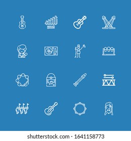 Editable 16 song icons for web and mobile. Set of song included icons line Singer, Tambourine, Guitar, Parade, Drum, Flute, Vinyl, Drums, Pop singer, Turntable on blue background