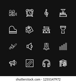 Editable 16 sound icons for web and mobile. Set of sound included icons line Slider, Headphones, Noise, Megaphone, Equalizer, Bell, Speaker, Trombone, Kettledrum on black background