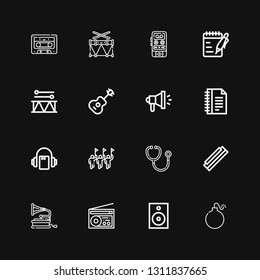 Editable 16 sound icons for web and mobile. Set of sound included icons line Bomb, Speaker, Radio, Gramophone, Harmonica, Stethoscope, Parade, Audiobook, Notes on black background