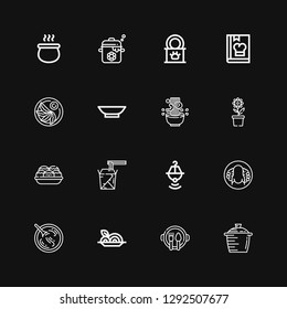 Editable 16 soup icons for web and mobile. Set of soup included icons line Pot, Dish, Spaghetti, Sour soup, Peking duck, Noodles, Takoyaki, Noodle, Bowl, Jiaozi on black background