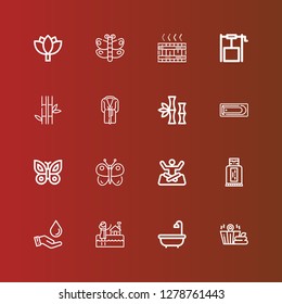 Editable 16 spa icons for web and mobile. Set of spa included icons line Sauna, Bath, Save water, Sunblock, Yoga, Butterfly, Bamboo, Bathrobe, Well, Jacuzzi, Lotus on red