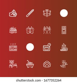 Editable 16 spa icons for web and mobile. Set of spa included icons line Bamboo, Lotus, Bath, Massage, Essential oil, Anti age, Leaves, Jacuzzi, Save water, Butterfly, Leaf on red