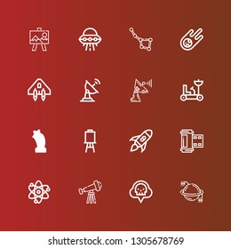 Editable 16 space icons for web and mobile. Set of space included icons line Planet, Co, Telescope, Solar system, Photo film, Rocket launch, Canvas, Star, Moon rover, Satellite dish on red
