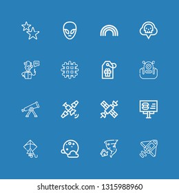 Editable 16 space icons for web and mobile. Set of space included icons line Rocket, Tornado, Full moon, Kite, Billboard, Satellite, Telescope, Alien, Tag, Waffle on blue background