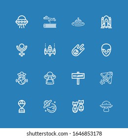 Editable 16 spaceship icons for web and mobile. Set of spaceship included icons line Ovni, Missile, Ufo, Space capsule, Rocket, War, Alien, Meteorite, Space invaders on blue background