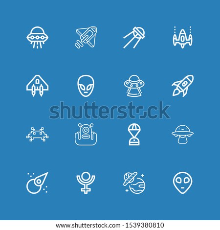 Editable 16 spaceship icons for web and mobile. Set of spaceship included icons line Alien, Ufo, Pluto, Asteroid, Ovni, Space capsule, Invader, Rocket launch on blue background