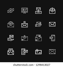 Editable 16 spam icons for web and mobile. Set of spam included icons line Email, Envelope, Mail, Malware on black background
