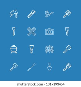 Editable 16 spatula icons for web and mobile. Set of spatula included icons line Spatula, Trowel, Barbecue fork, Slotted spoon, Bbq, Wooden spoon, Flambe, Tongs on blue background