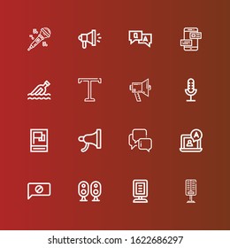 Editable 16 speak icons for web and mobile. Set of speak included icons line Microphone, Announcer, Loudspeaker, Chat, Megaphone, Propaganda, Text, Message, Question on red