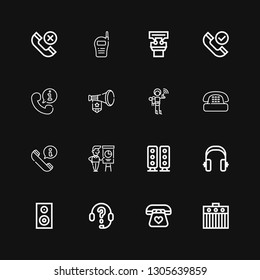 Editable 16 speaker icons for web and mobile. Set of speaker included icons line Amplifier, Telephone, Headphones, Woofer, Speaker, Presentation, Call, Phone on black background