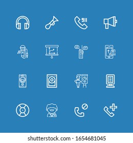 Editable 16 speaker icons for web and mobile. Set of speaker included icons line Phone call, Teacher, DJ, Announcer, Presentation, Hard disk, Call, Phone, Walkie talkie on blue background