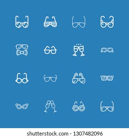 Editable 16 specs icons for web and mobile. Set of specs included icons line Sunglasses, Glasses on blue background