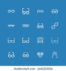 Editable 16 specs icons for web and mobile. Set of specs included icons line Glasses, Sunglasses on blue background