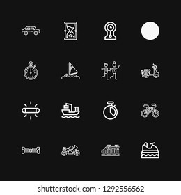 Editable 16 speed icons for web and mobile. Set of speed included icons line Jet ski, Train, Motorcycle, Hoverboard, Bicycle, Chronometer, Cargo ship, Flash on black background