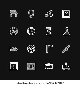 Editable 16 speed icons for web and mobile. Set of speed included icons line Van, Train, Clock, Watch, Straight, Volleyball, Snowmobile, Gearshift, Hourglass on black background