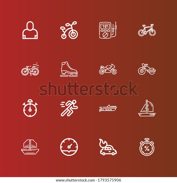 Editable 16\
speed icons for web and mobile. Set of speed included icons line\
Stopwatch, Car, Clock, Boat, Running, Stop watch, Motorbike,\
Motorcycle, Ice skate, Bike, Bicycle on\
red