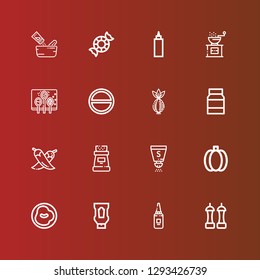Editable 16 spice icons for web and mobile. Set of spice included icons line Salt, Mayonnaise, Ketchup, Chili, Green pepper, Pepper, Onion, Spices, Sauce, Peppermint, Seasoning on red